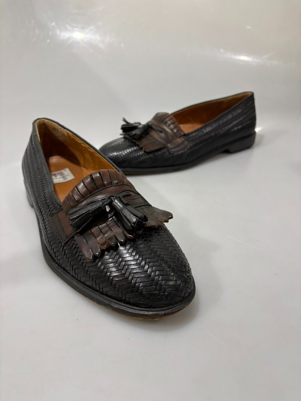 Cable & Co 11 D Black Brown Leather Kiltie Tassel Woven Loafers Made in Italy